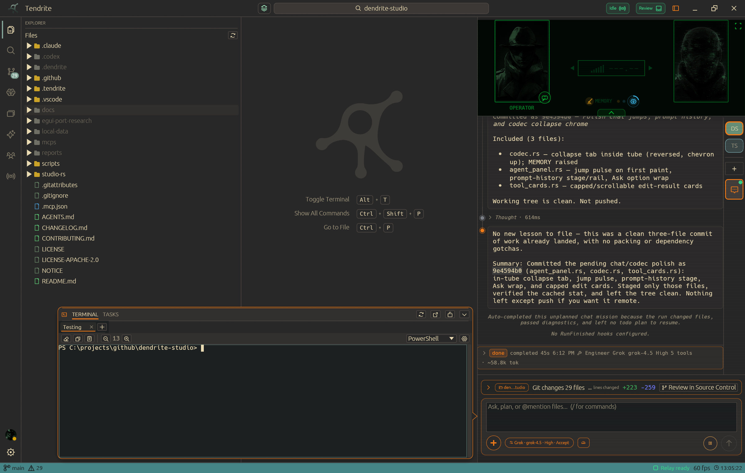 Tendrite desktop workspace with project explorer, agent activity, and source control