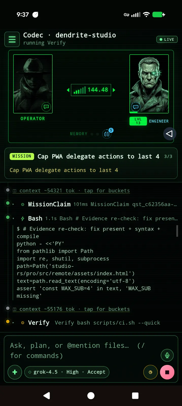 Tendrite Codec phone companion showing live mission activity and remote controls