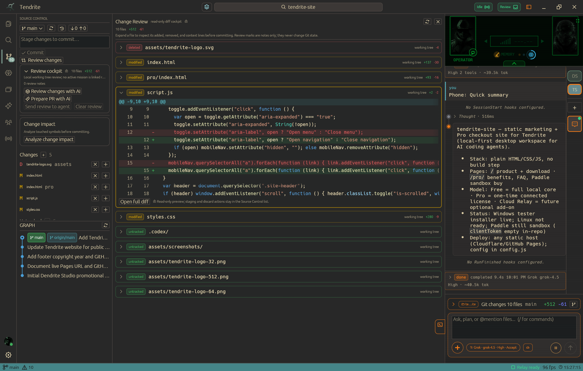 Tendrite source control review cockpit with changed files and commit history