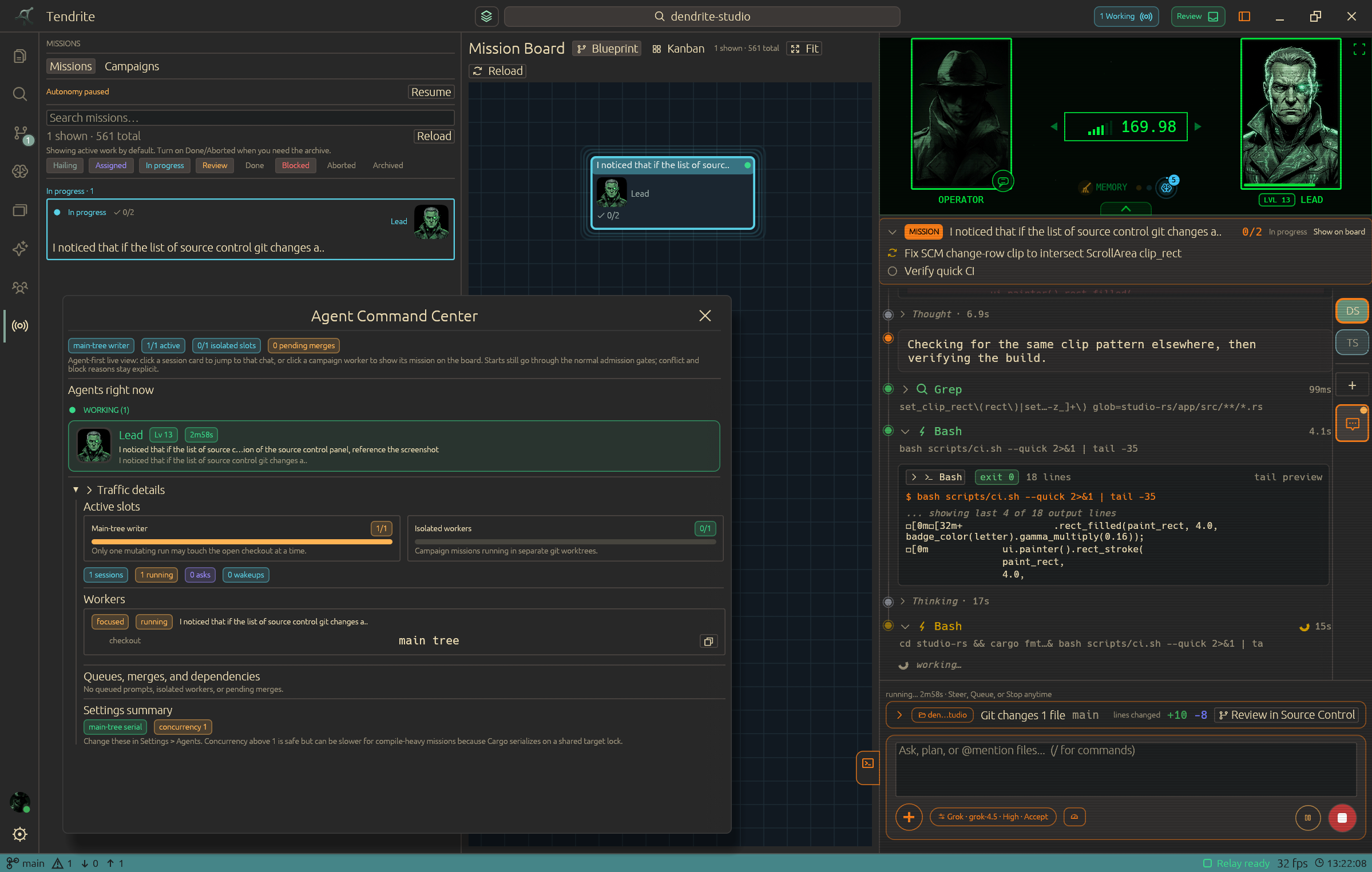 Tendrite Agent Command Center showing live mission work, agent context, and operator controls